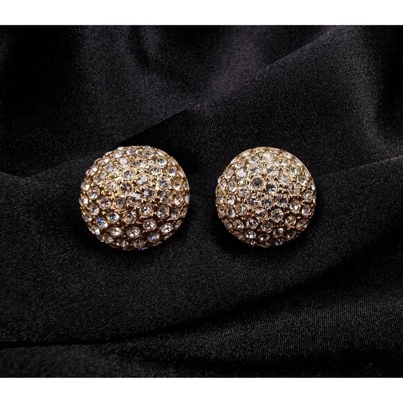 Vintage 1980s CAROLEE Signed Crystal Rhinestone Dome Earrings Gold-Tone - Picture 4 of 6